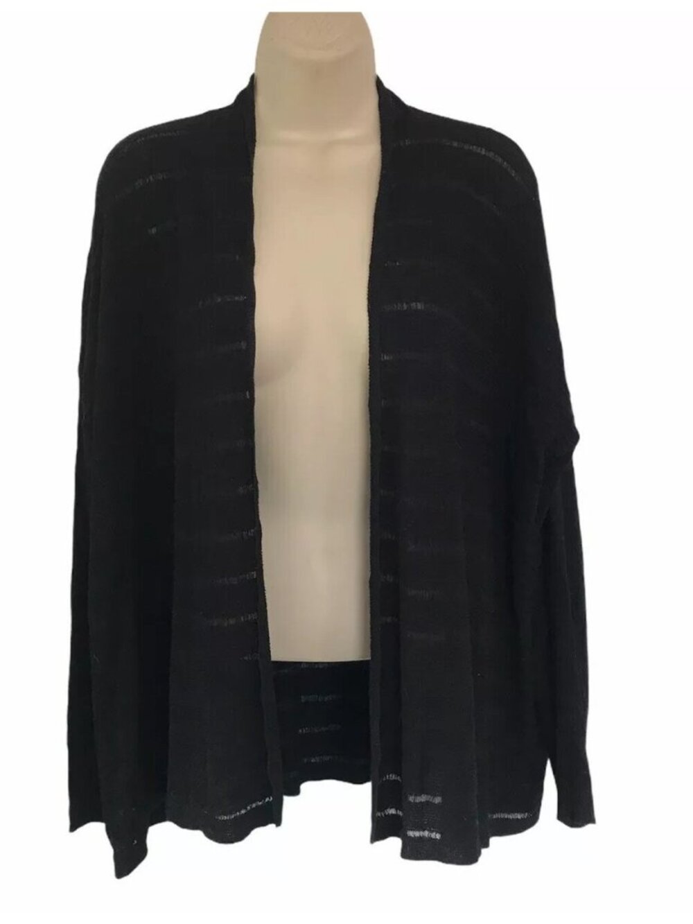 Eileen Fisher Woman's Sz M Black Open-Front Cardigan Semi Sheer Striped Sweater